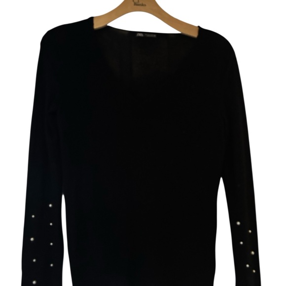 Zara Sweaters - ZARA Black V-Neck Sweater with Pearl Accents on Sleeves